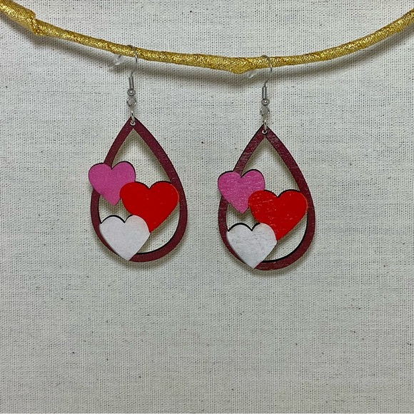 Valentine's Day Love Hearts Wooden Drop Dangle Earrings - Picture 5 of 11